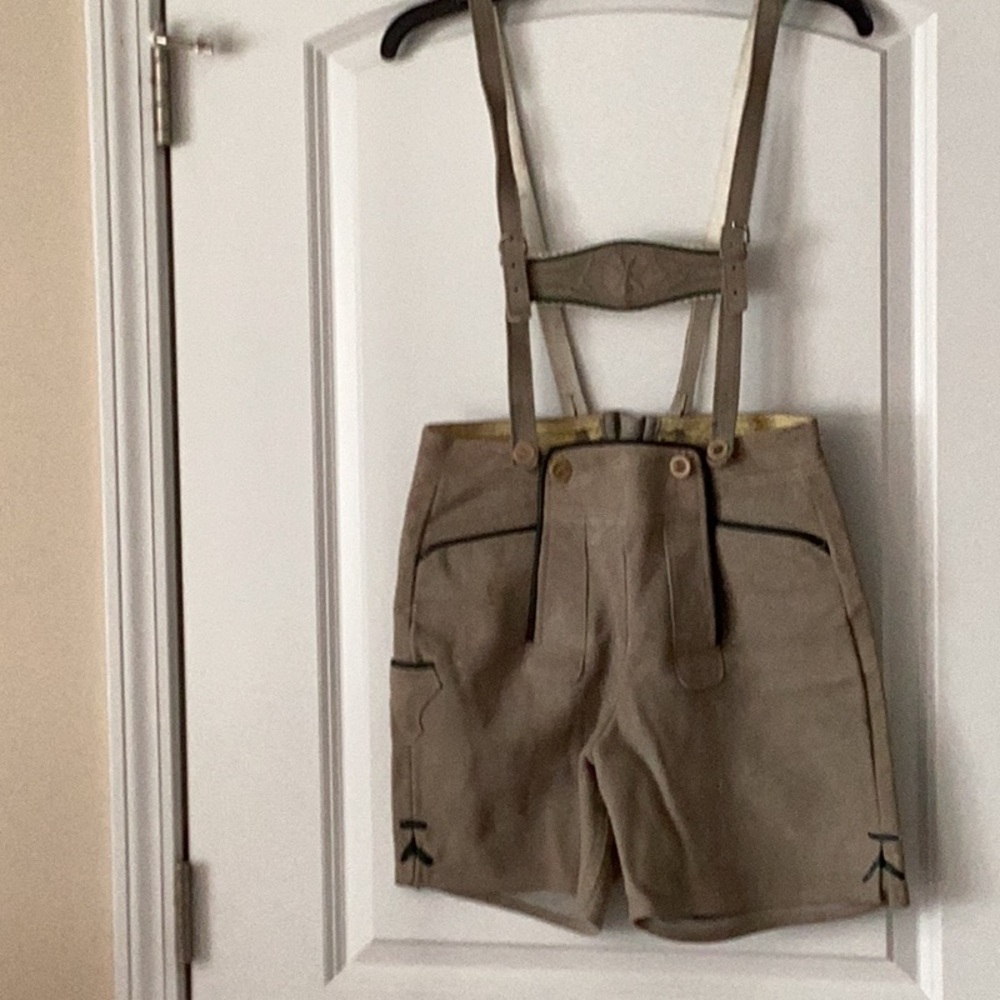Tan and Green Lederhosen Style Jumpsuit with Suspenders